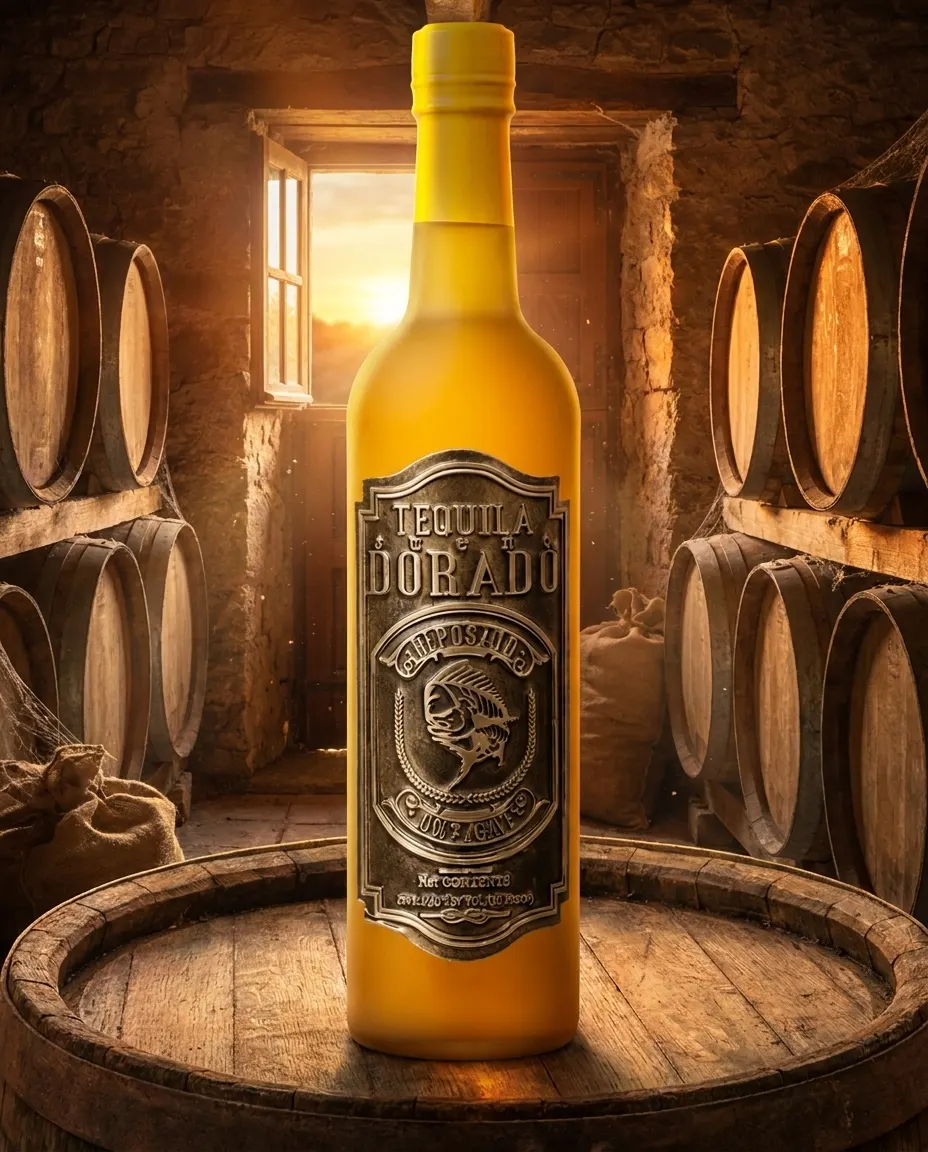 Dorado Reposado — yellow frosted bottle among oak barrels