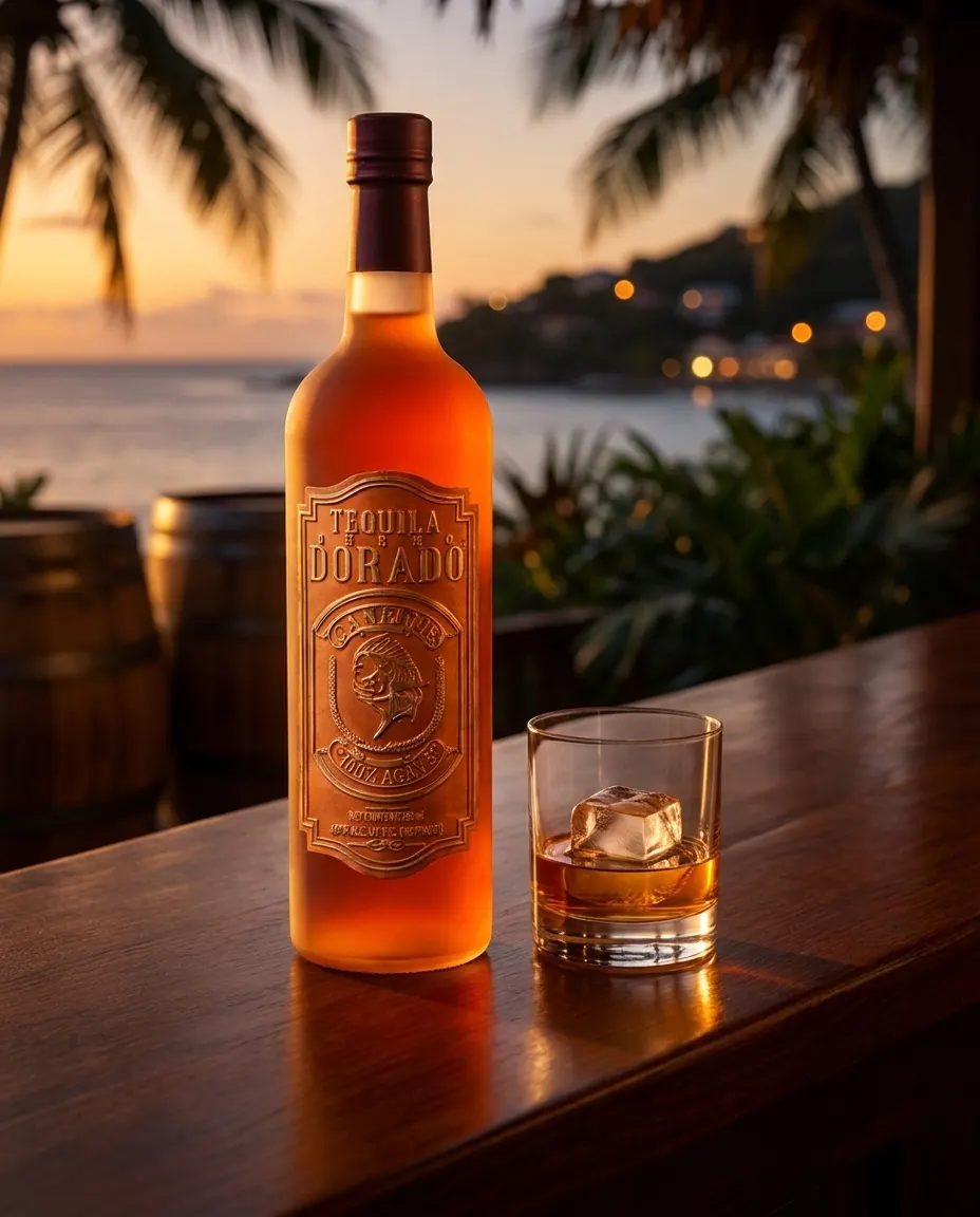 Dorado Añejo — amber bottle beside a rocks glass at sunset
